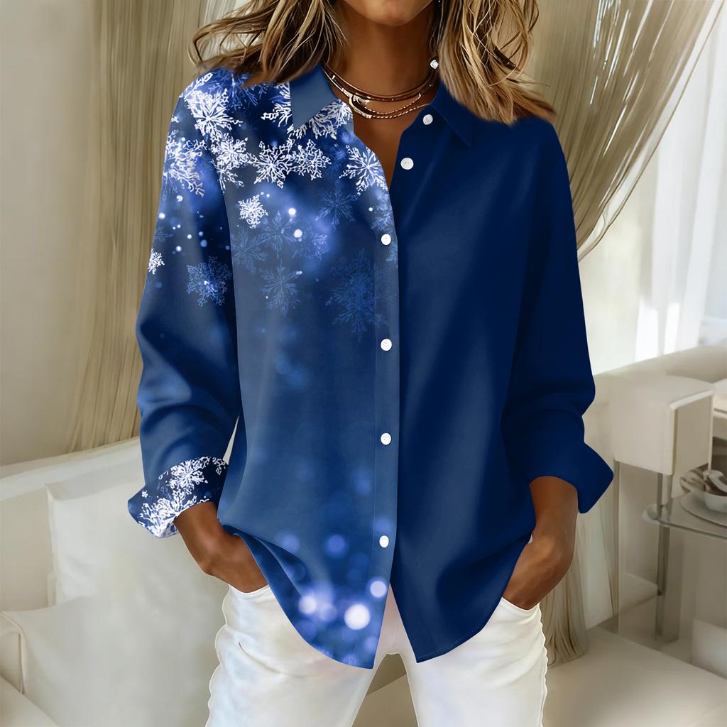 Women's Christmas Printed Button Up Long Sleeved Casual Regular Shirt With Collar Top