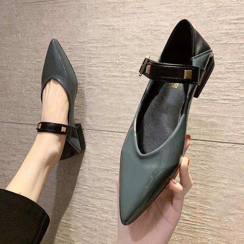 Pointed Toe Low Heel Single Shoes Spring Autumn Shallow Mouth Colour Blocking Retro Mary Jane Shoes Patent Leather Ladies Pumps