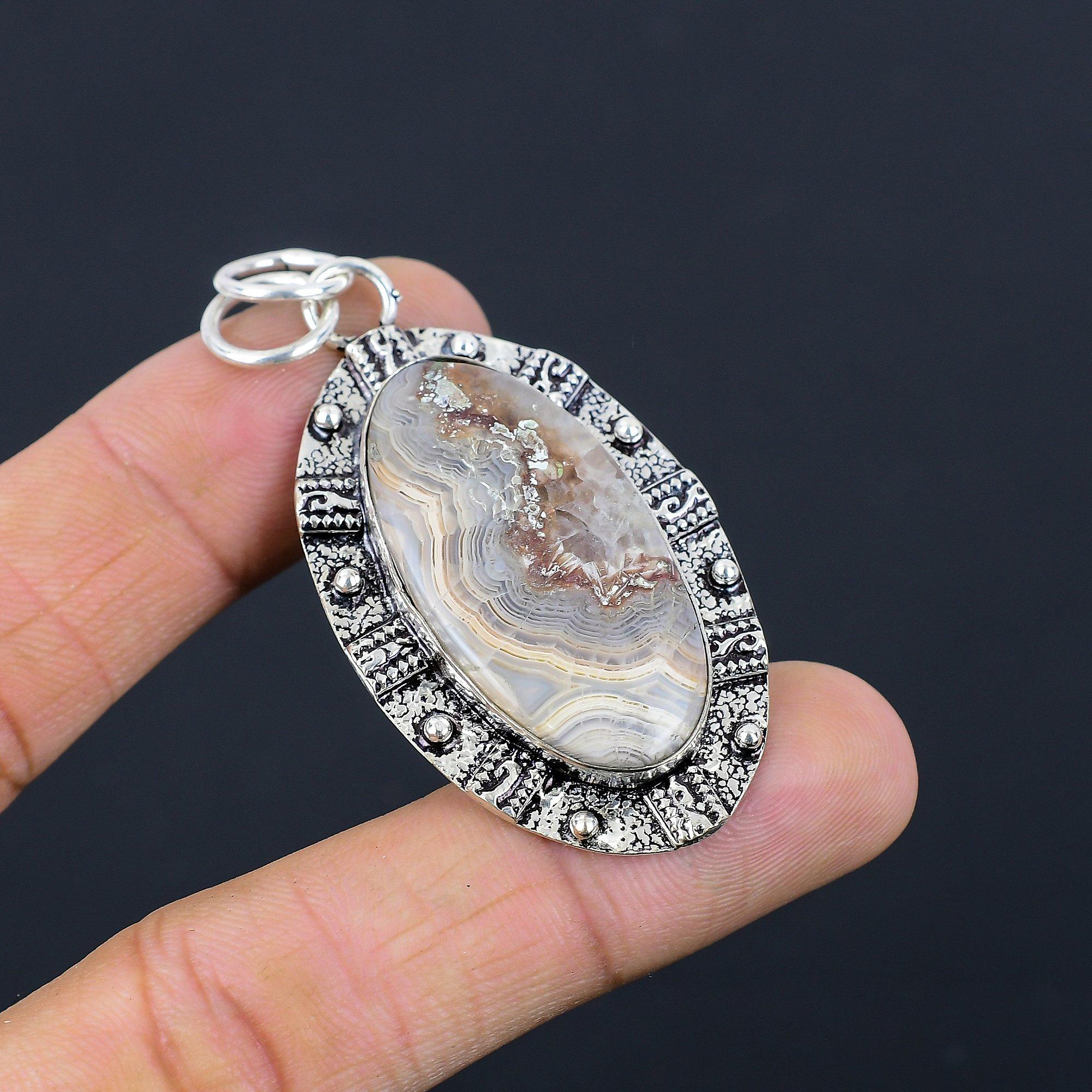 

Натуральный кулон из агата Сумасшедший кружевной из драгоценного камня, ювелирное изделие из стерлингового серебра 925 пробы для девочек