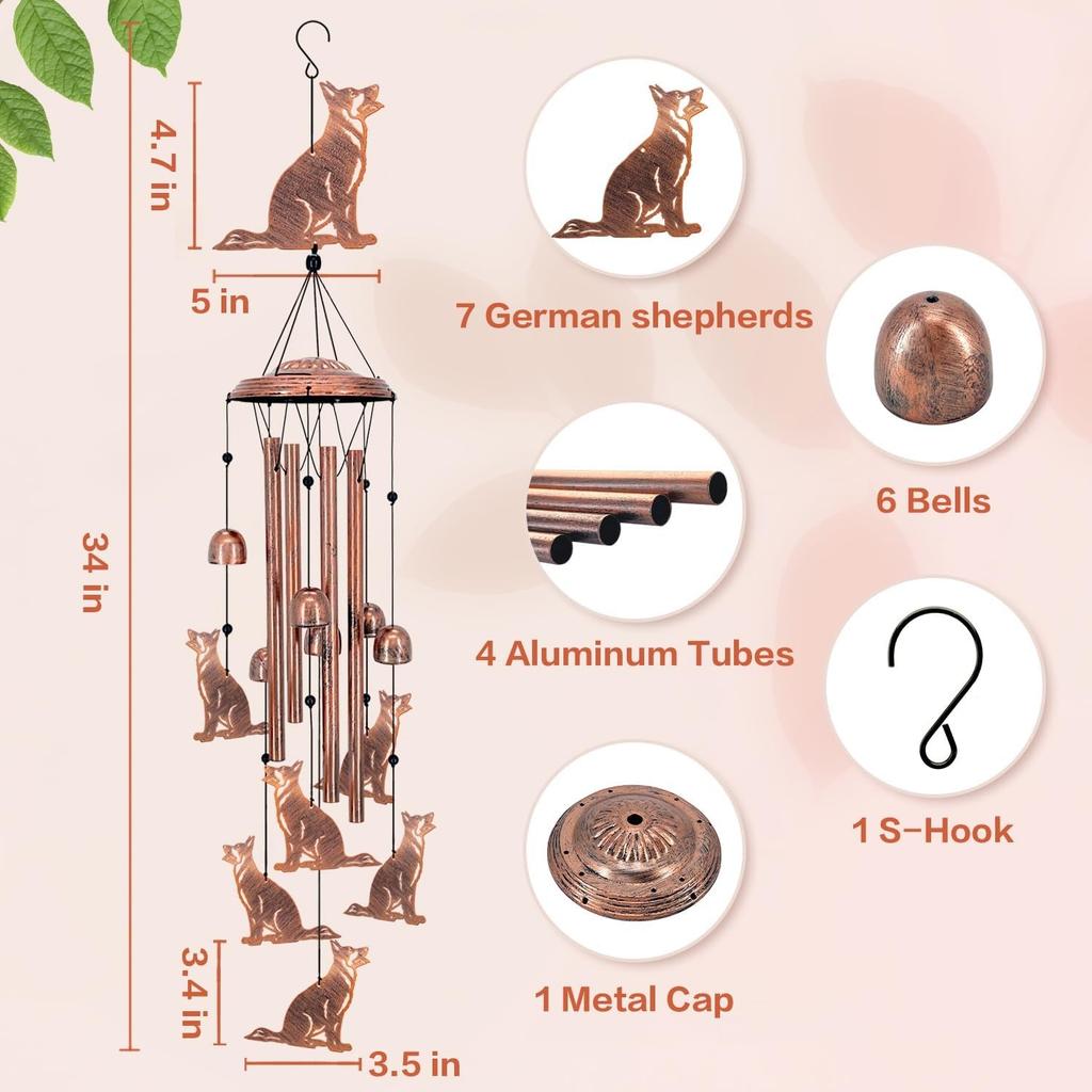 German Shepherd Dog Wind Chimes for Outside,Dog Gifts for Women Men/Memorial/Sympathy/Birthday Gifts Metal windchimes Outdoors/Indoors,Garden Decor