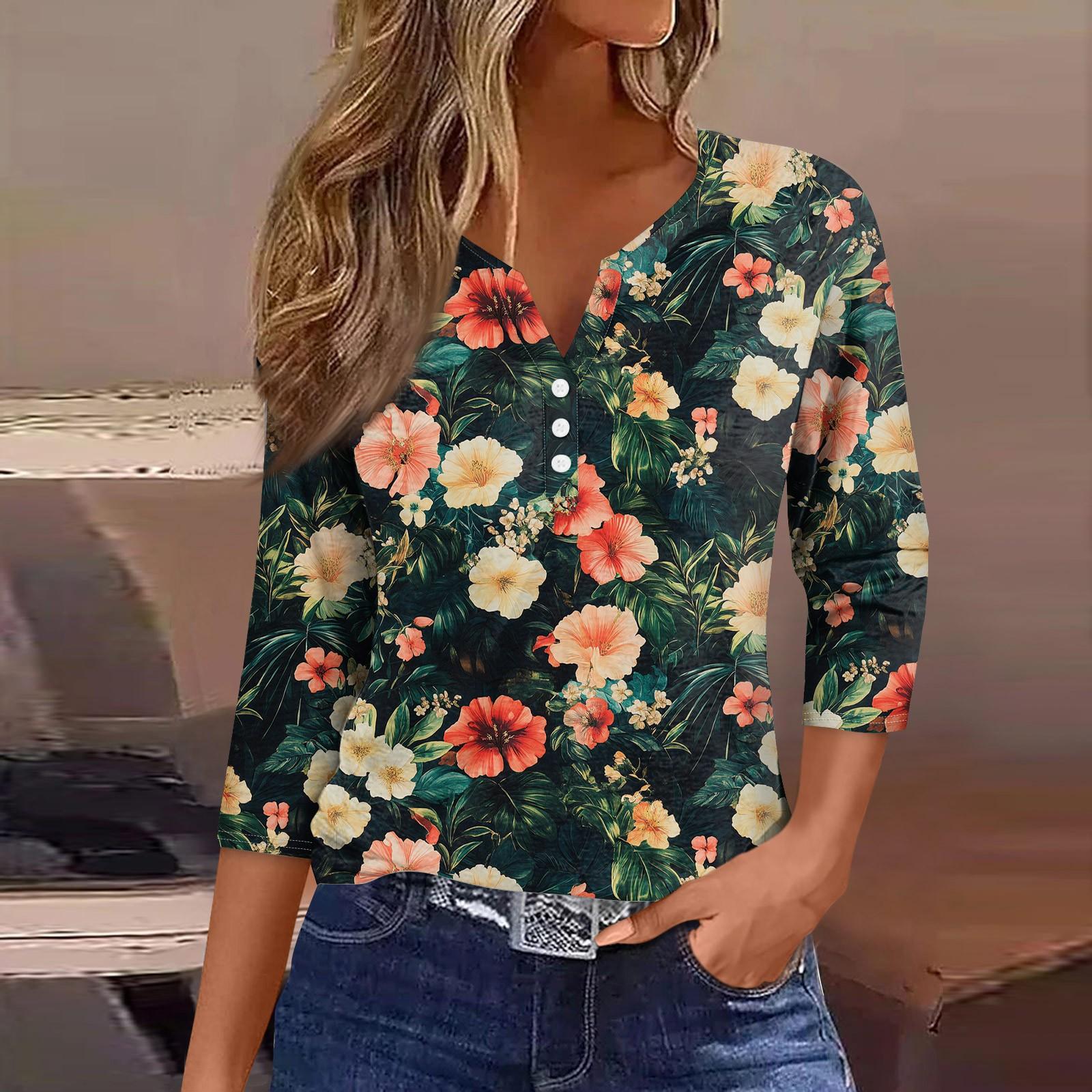 

Женский свободный повседневный топ с цветочным принтом и V-образным вырезом с рукавами семь четвертей Топ с V-образным вырезом и рукавами семь четвертей L