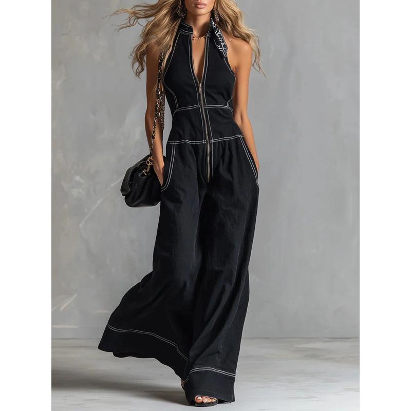 TIFICY Women's Fashion Casual Summer Spring Solid Color Print Sleeveless V-Neck High Waist Trousers Jumpsuits & Rompers