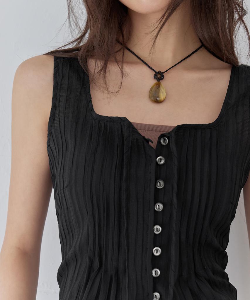 Leondeondada Wrinkle Tie Sleeveless Blouse, Black