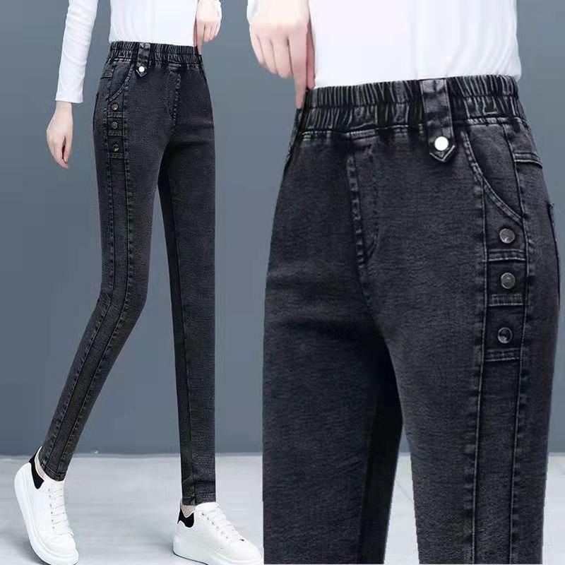 Hoge taille jeans dames herfst, nieuwe veelzijdige en dunne elastische skinny broek kleine pijp damesbroek fluweel