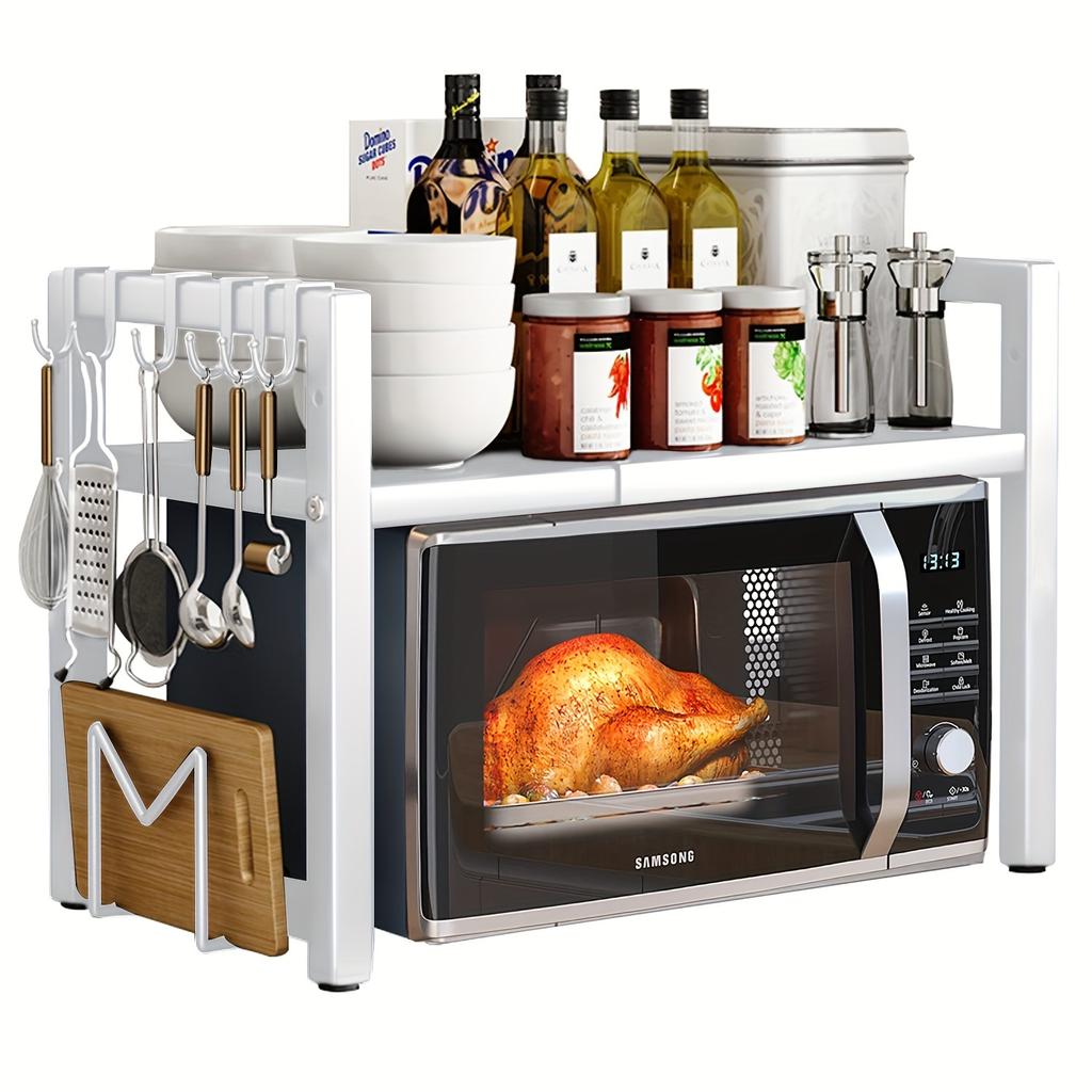Expandable Microwave Shelf, Microwave Holder with 6 Hooks, Kitchen Storage Rack, Microwave Baking Rack, Extendable 40-64cm