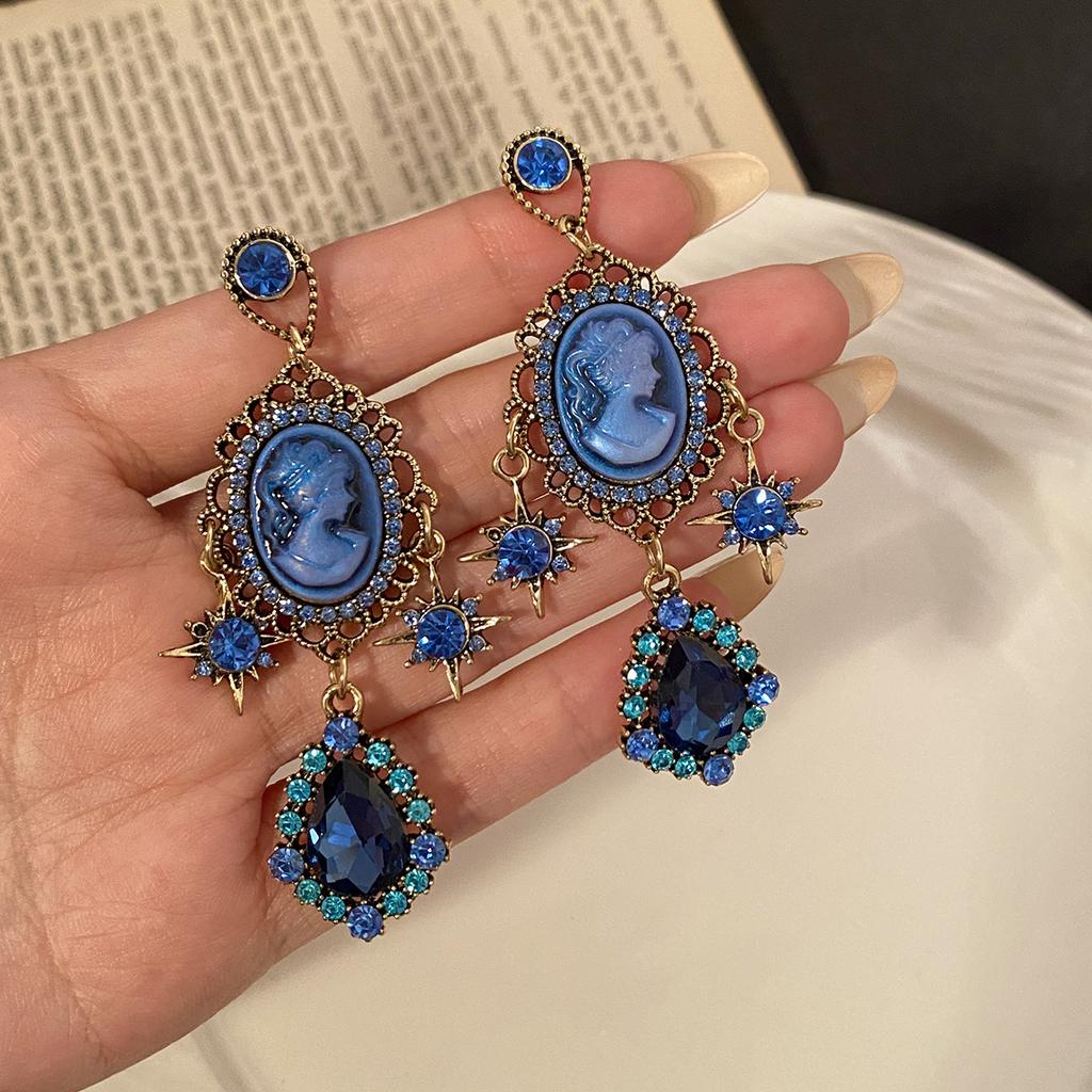 Geometric Retro Palace Style Blue Water Drop Irregular Fashion Light Luxury High-end Sense Earrings