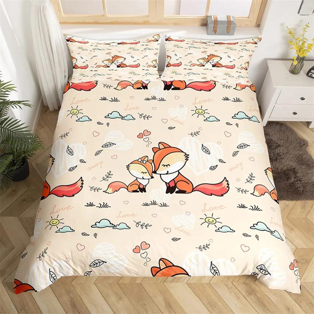 Tecknad Räv Påslakan Kawaii Djur Höstlöv Lönnlöv Tema Skogsdjur för Barn Kvinnor Flickor Sovrumsinredning