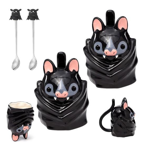 Fledermaus Auf dem Kopf Geformte Tasse Niedliche 3D Fledermaus Keramik Kaffeetasse mit Schwanzgriff Lustige Neuheit Tier Tasse Geschenk für Gotische Heim- und Bürodekoration