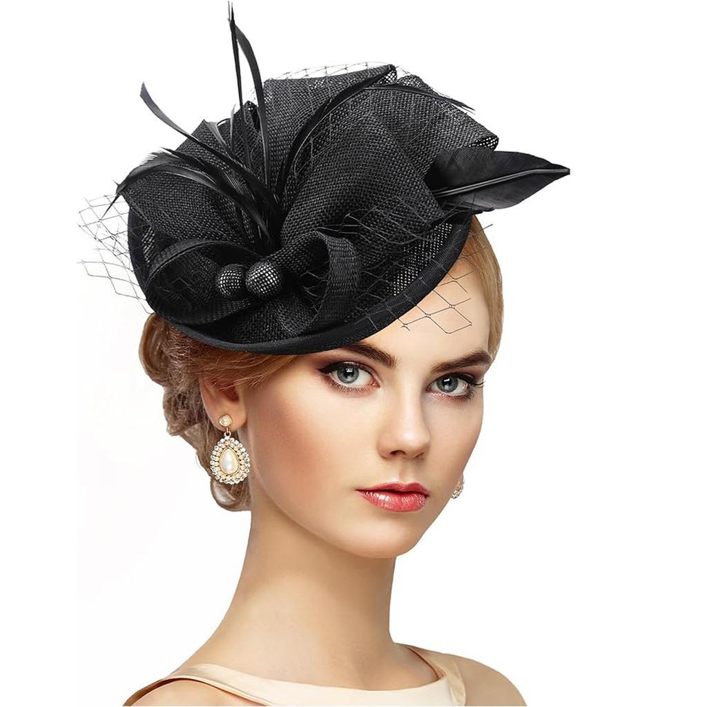 

Vintage Feather Hat With Short Brim For Elegant Home Party Decor Black