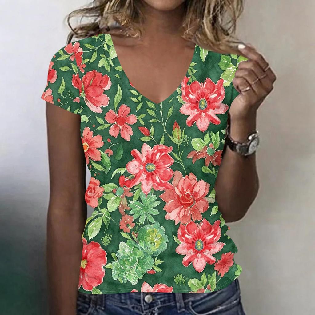 Women V Neck Short Sleeve Floral Print T Shirt Casual Loose Fit Lightweight Soft Fabric Summer Top for Daily Wear