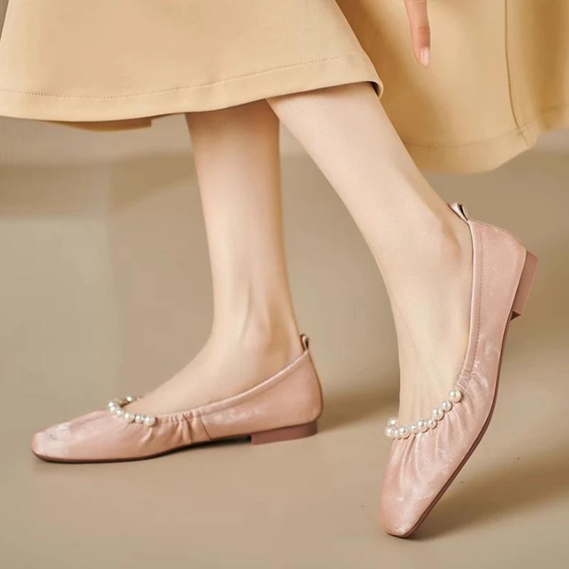 Women's Single Shoes Summer New Low Heel Square Head Beaded Dance Shoes Casual Fashion Light Soft Soled Oxford Shoes