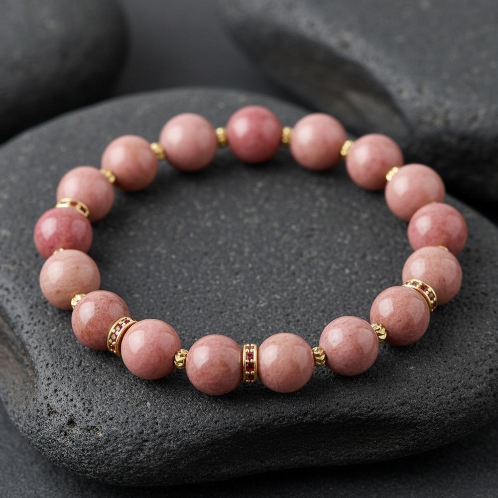 Elegant Semi-Precious Stone Beaded Bracelet - Light Luxury, High-End, Versatile Elastic Round Beads for Couples