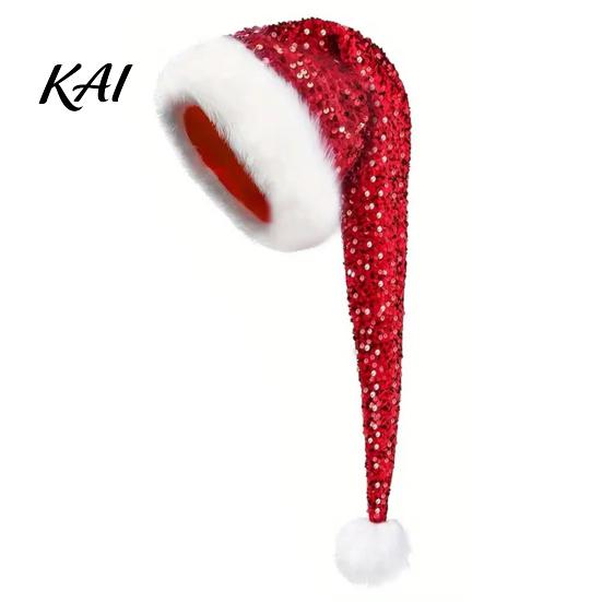 Santa Claus Hat Christmas for Adults, Thicken Soft Velvet Xmas with Sequin Gift Decoration, Long Holiday Party Cosplay Costume Accessories Halloween