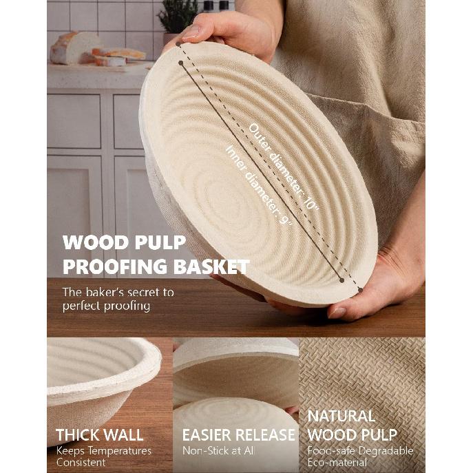 Wood Pulp Banneton Bread Proofing Baskets Set of 2, 9 Inch Round 2.2LB Sourdough Banneton Basket with Liner, Non-Stick Dough Proofing Bowl for Rising