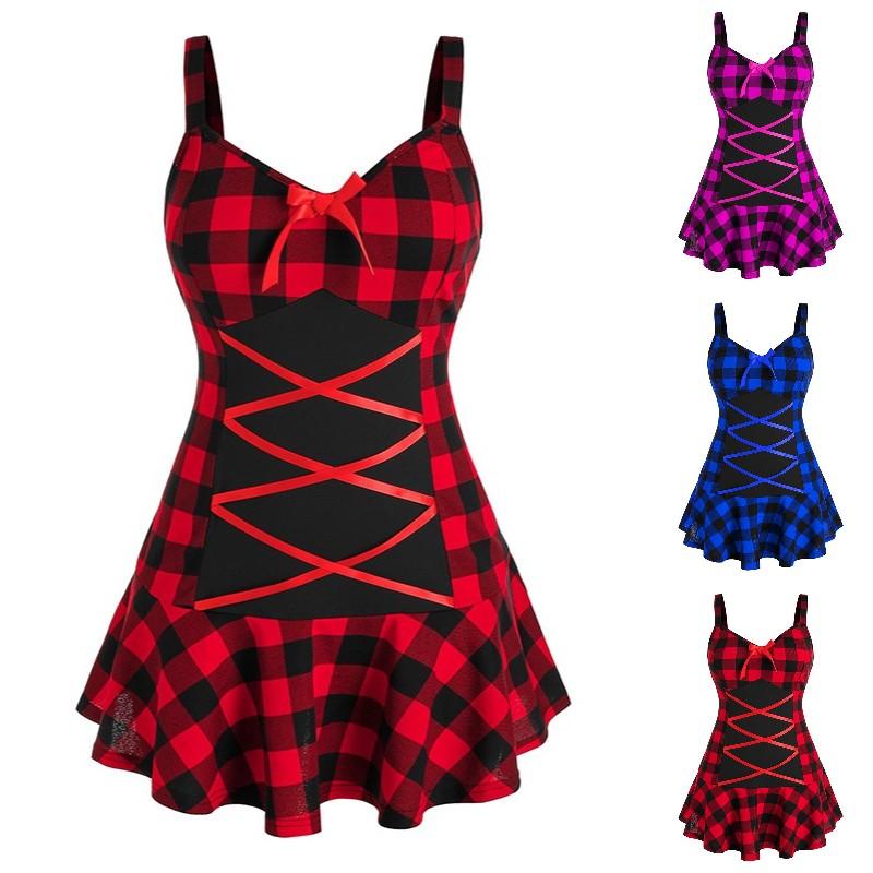 

Лето Новая Женская Мода Плюс Размер Плед Крисс Кросс Пеплум Cami Сексуальные Топы Танк