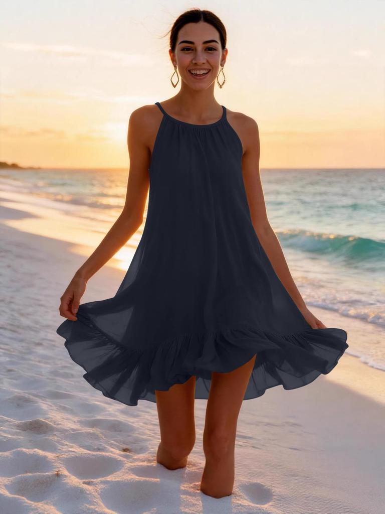 Spring Summer Sleeveless Pleated Halter Vacation Dress for Women