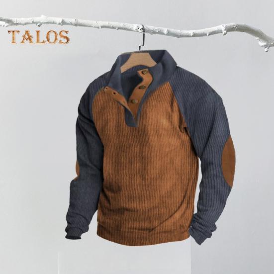 Spring Autumn Men Sweatshirt Colorblock Patchwork Retro Style Half-open Stand-up Collar Top Plus Size Loose Long Sleeves Top Daily Life Office