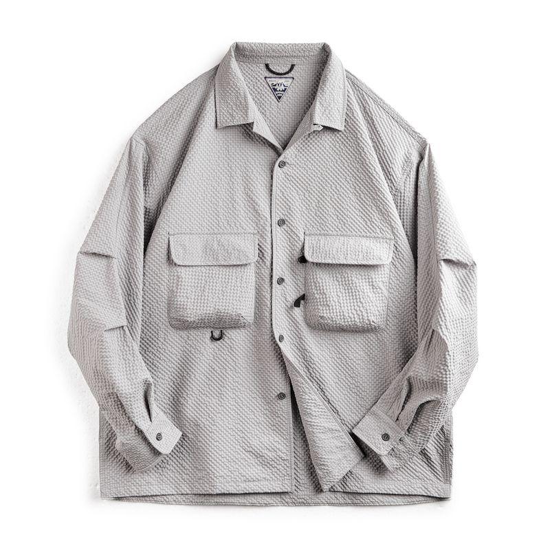 Marden Parka Mountain Outdoor Cuban Collar Seersucker Long Sleeves Shirt Non-Ironing Anti-Wrinkle Pocket Thin Shirt for Men Summer and Autumn