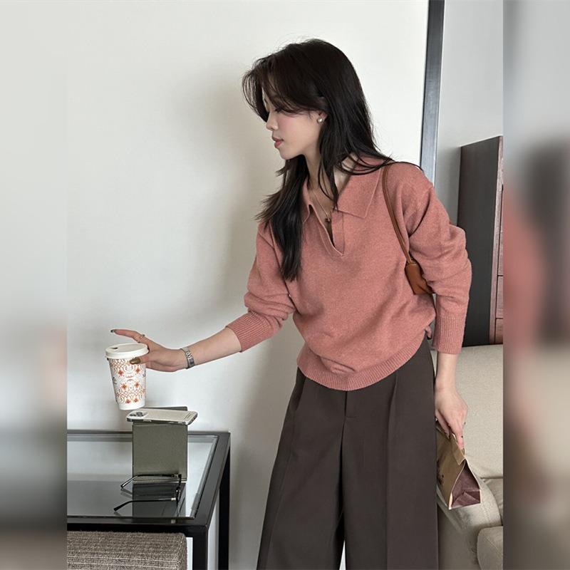 

Черный вязаный свитер с длинными рукавами и воротником поло для женщин, осенне-зимний, в ленивом стиле, свободный, повседневный, топ-свитер с V-образным вырезом average size [recommended 80-60kg] розовый