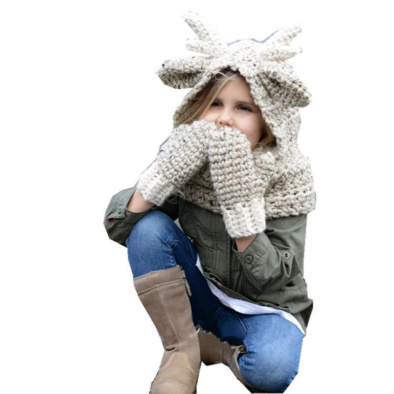 Hut Winter Kinderwollhandschuhe Hut Herren- und Damen Schal Elchgeweih Zweiteilige Kinderbekleidung