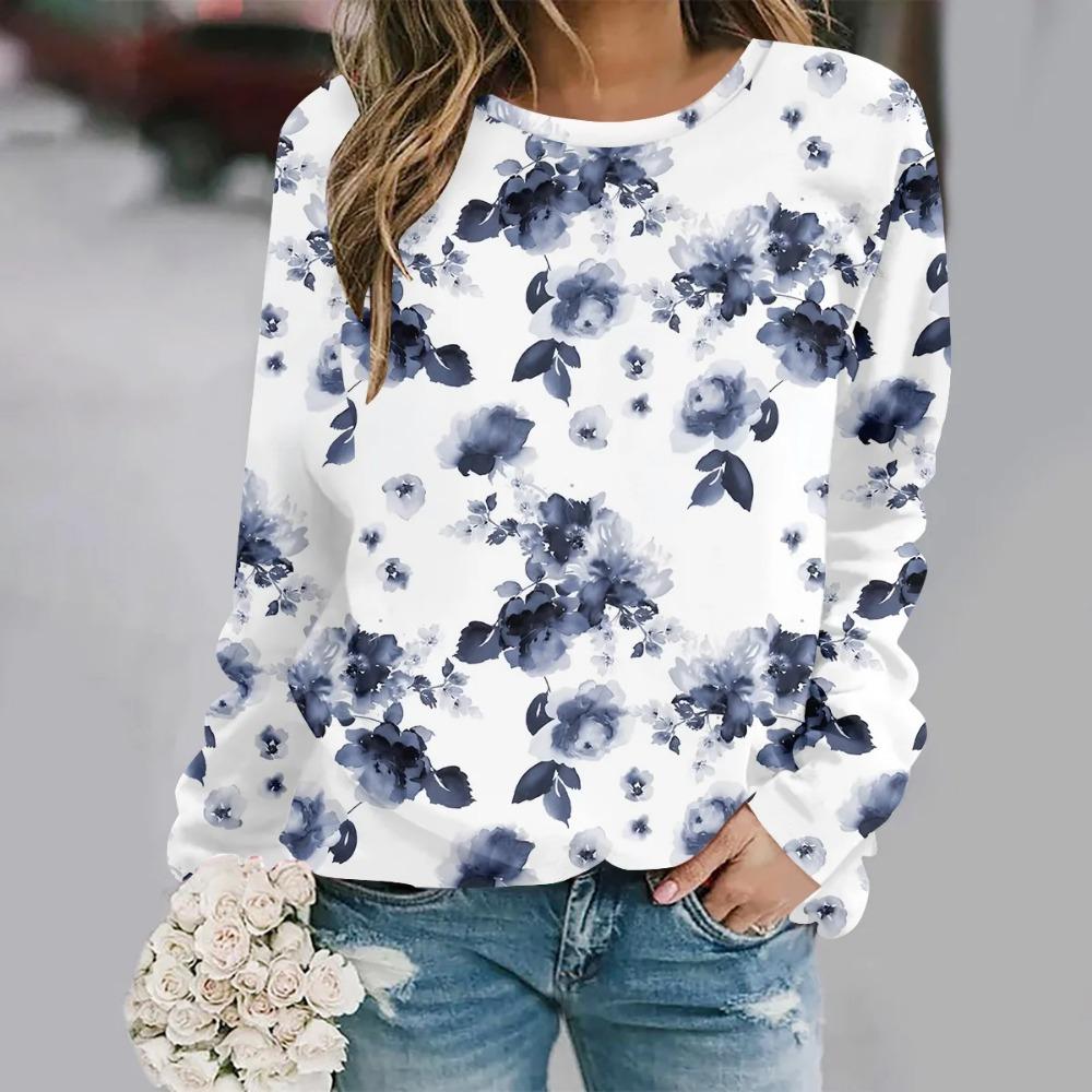 Round neck long sleeved printed elegant casual long sleeved shirt XS
