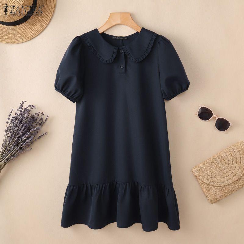 ZANZEA Abito midi casual da donna a maniche corte, tinta unita, con colletto rovesciato