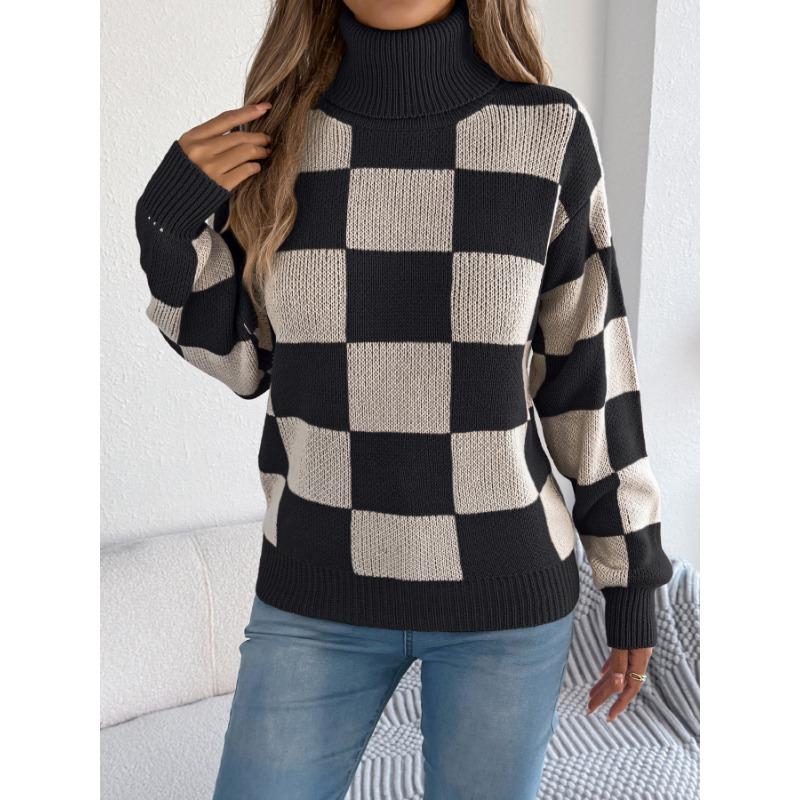 Women Casual High Neck Color Block Plaid Lantern Long Sleeve Pullover Sweater