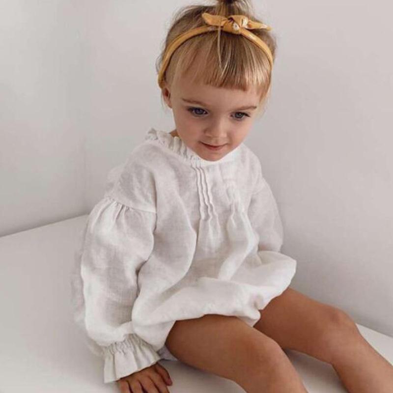 European & American Long-Sleeve Linen Jumpsuit for Baby Girls - Solid Color Climbing Romper