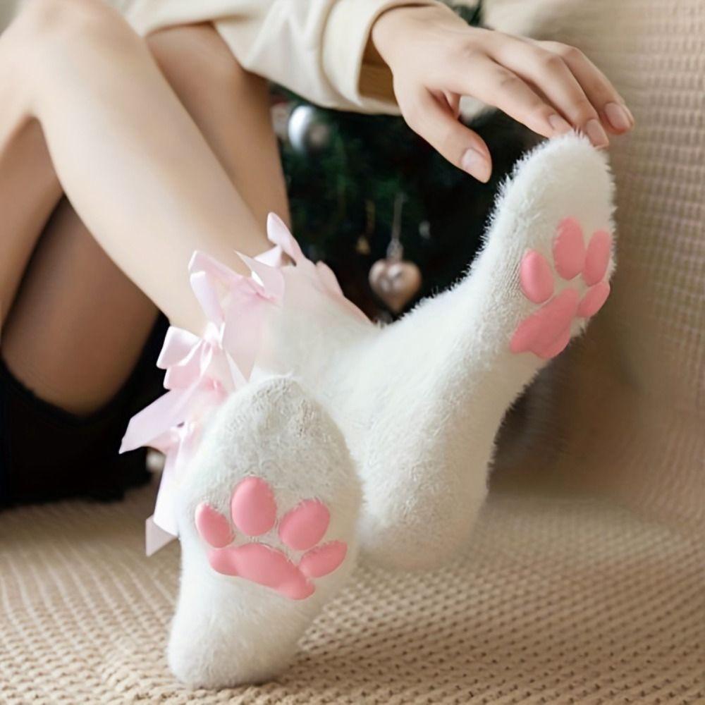 Paw Pads Cat Paw Plush Socks Kitten Claw Bowknot Warm Socks Harajuku 3D Cat Paw Socks  Indoor