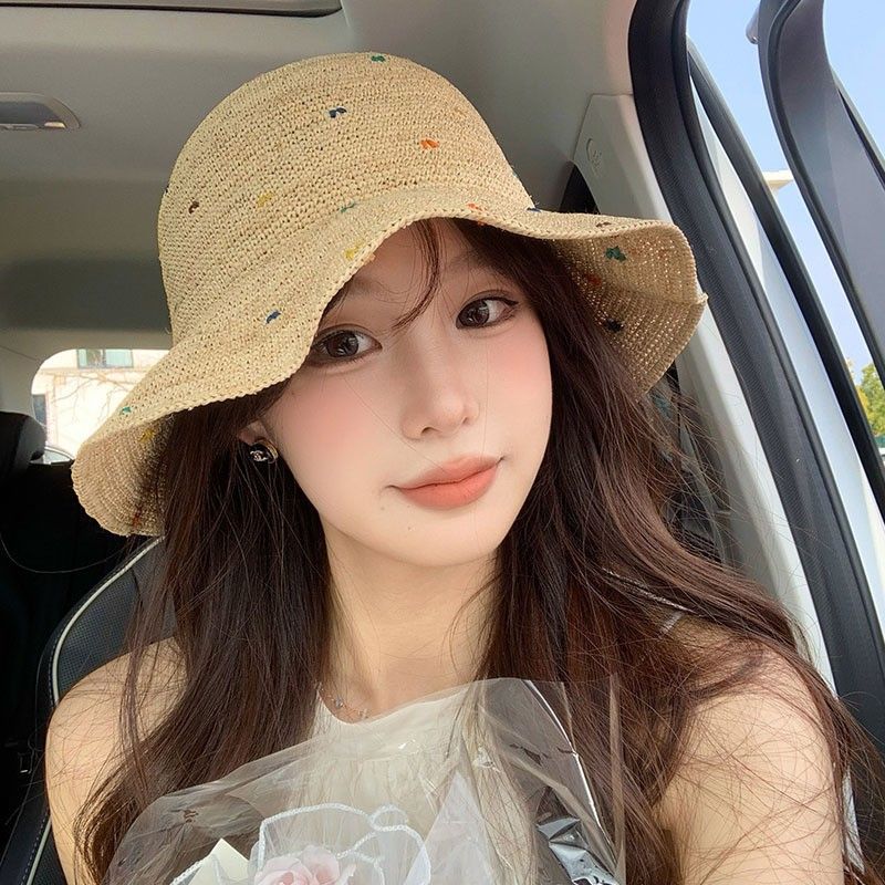 100.00kg Plus Size Women's Big Brim Grass Bows Hand-Woven Seaside Beach Hat Sun-Proof Face Cover Sun-Shade Straw Hat