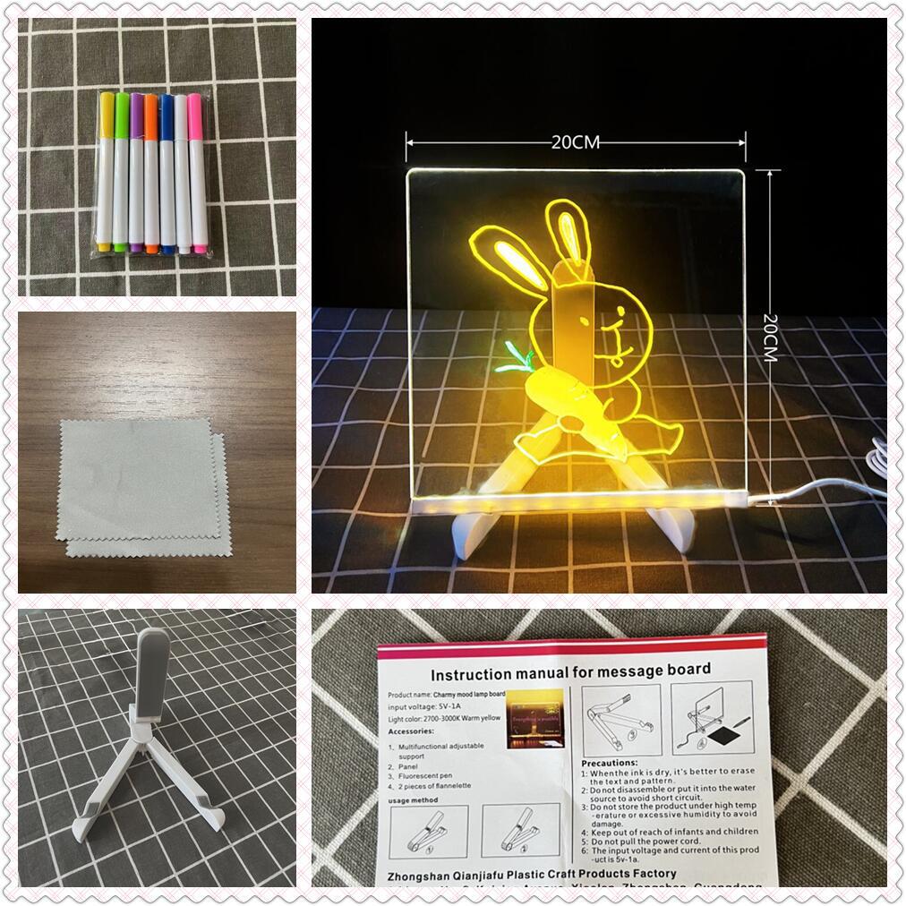 LED Note Board Night Light With Colorful 7 Pens DIY Acrylic Message Board Erasable Painting Drawing Board For Kids Birthday Gift