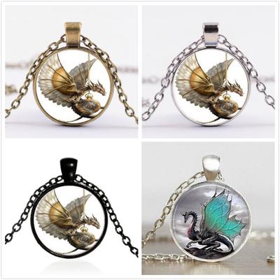 Vintage Steampunk Δράκος Po Καμποσόν Γυάλινο Μπρούτζινο Κρεμαστό Κολιέ