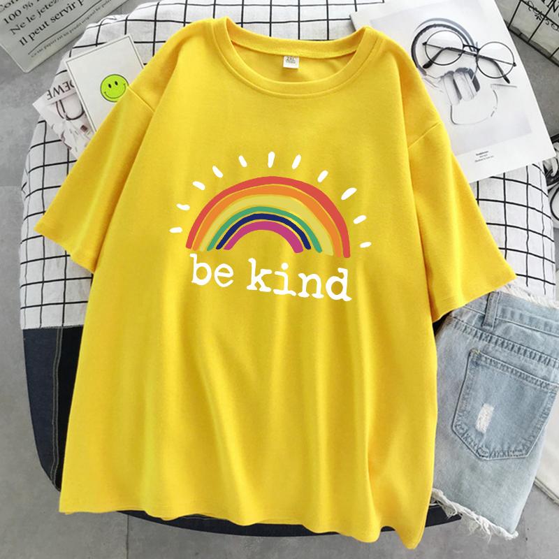 Be Kind A Glowing Rainbow Womens T Shirt Cotton Cool Tshirt Street Oversized Short Sleeve Fashion Breathable Tee Clothes