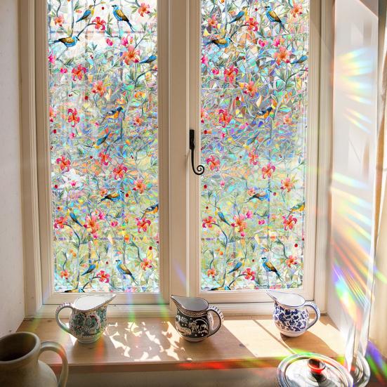 Rainbow Window Privacy Film Waterproof Static Cling Non-Adhesive Flower Pattern Sticker for Home Glass Windows Bedroom Living Room Decor