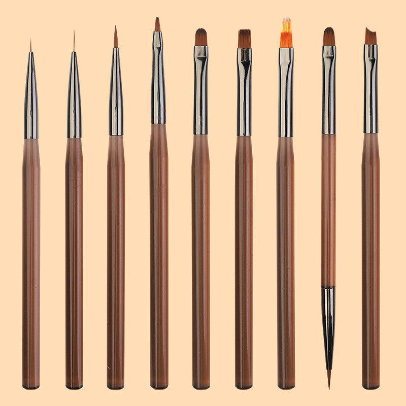 9dílná japonská průsvitná hnědá sada štětců na nail art pro malování linek, ombre a květin