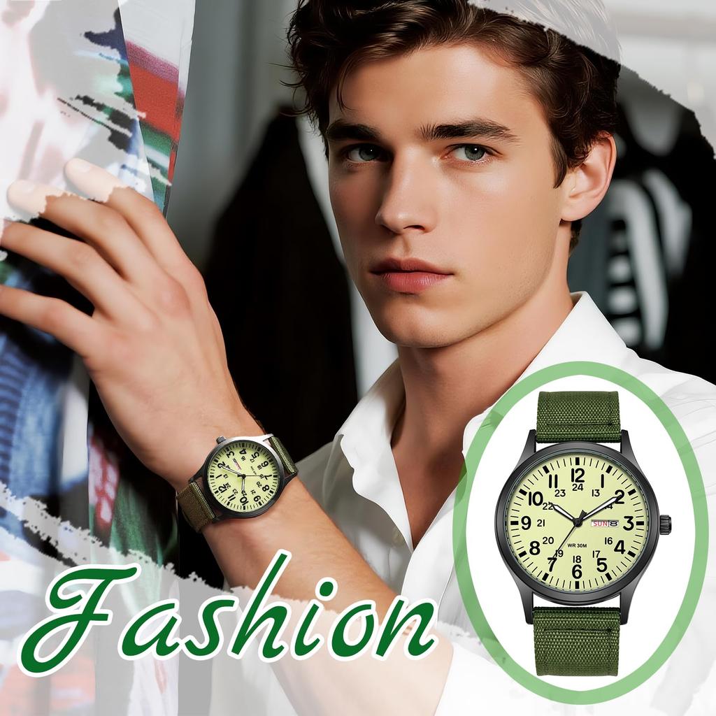 Men's Military Watch with Nylon Strap, Waterproof, Luminous Analog Display, Calendar, Upgraded Edition, Simple and Stylish Sports Watch, 1224 Quartz