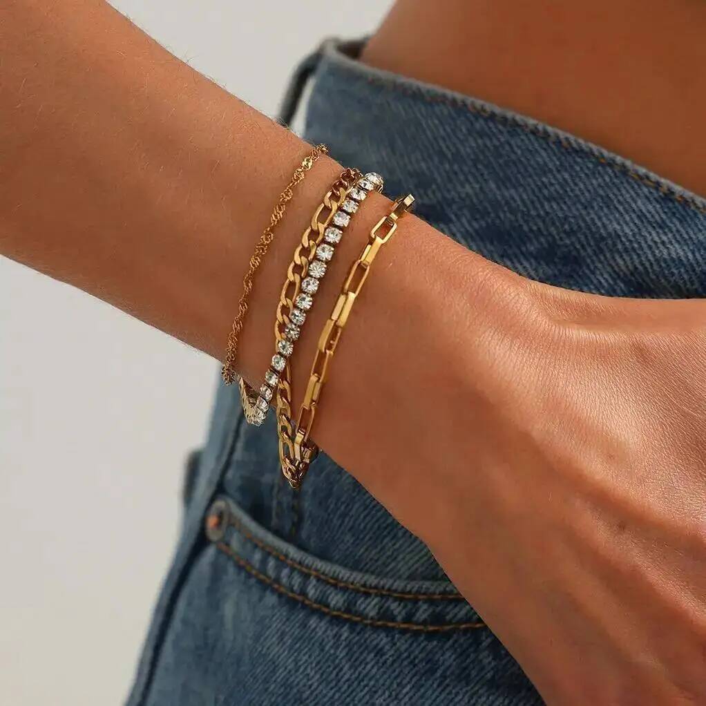 

SHIXIN 4Pcs/Set Minimalist Classic Rhinestone Chain Bracelet for Women 2026 New Trendy Stainless Steel Stackable Bangle Jewelry