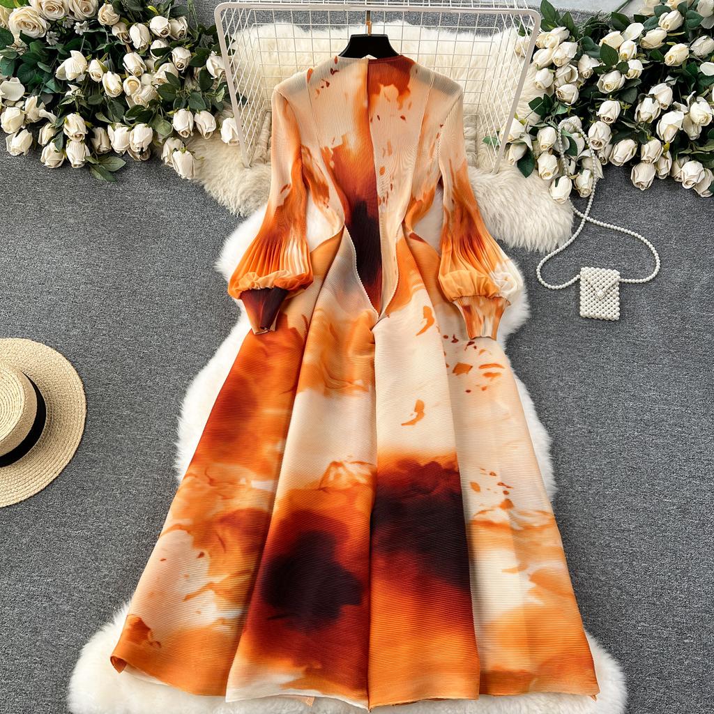 Französisches Kleid für Damen, leicht, luxuriös, schweres Plissee, schmal, langes Design, Swoosh-Druck