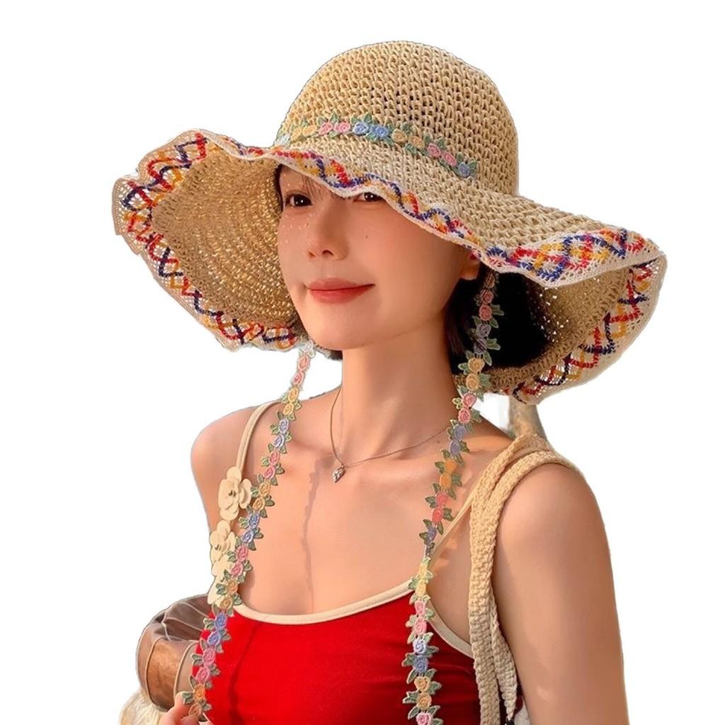 Ethnic Style Wide Brim Straw Hat Summer Sun Protection For Beach Vacation Women