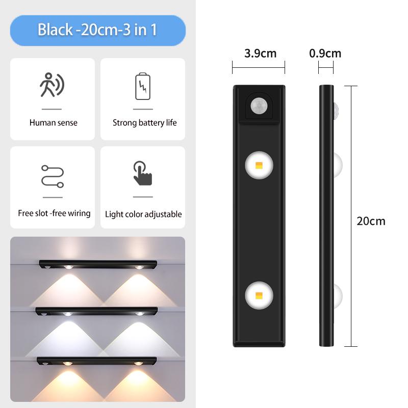 

Ультратонкий светодиодный светильник для шкафа 20/30/40 см с датчиком движения, беспроводной зарядкой через USB TYPE-C, ночник для освещения кухни 3 Colors in one Lamp&Stepless Dimming