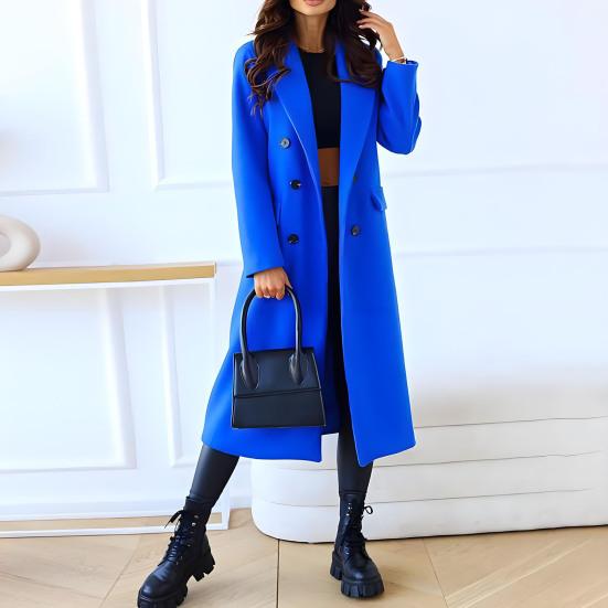 Women's Long Wool Blend Coat Double-Breasted Trench Coat Casual Notch Lapel Peacoat Fall Winter Overcoat