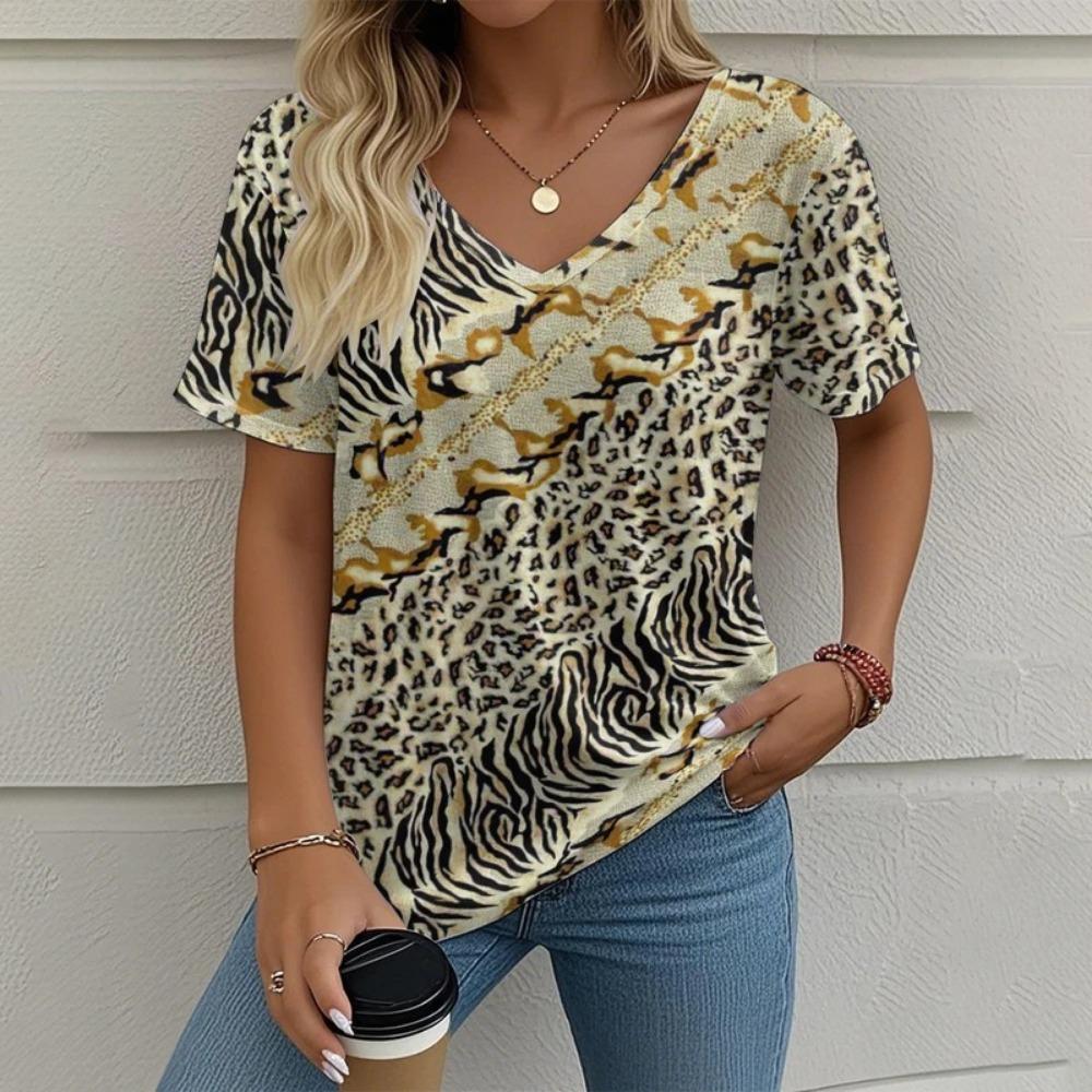 Women's Tribal Abstract Graphic V Neck T-Shirt, Short Sleeve Casual Tops, Yellow Brown Fashion Daily Outfit for Spring & Summer