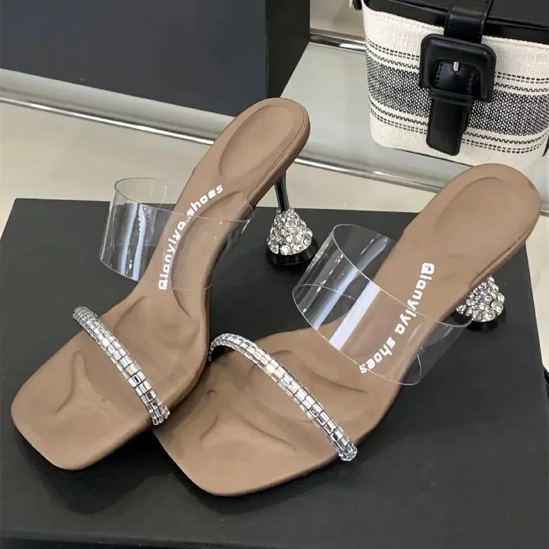 

Fashion New Style Designer Shiny Rhinestone High Heels Women Sexy Open Toe Transparent PVC Slide Sandals Elegant Banquet Wedding Shoes 35 светло-коричневого