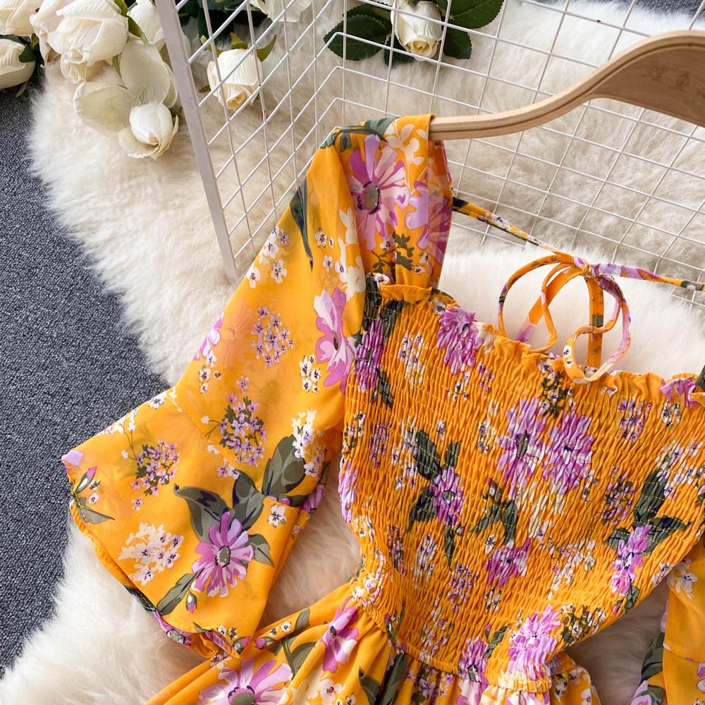 Tea Break French Vintage Dress Square Neck Flared Sleeve Tie Waist Women's Temperament Swing Long Dresses