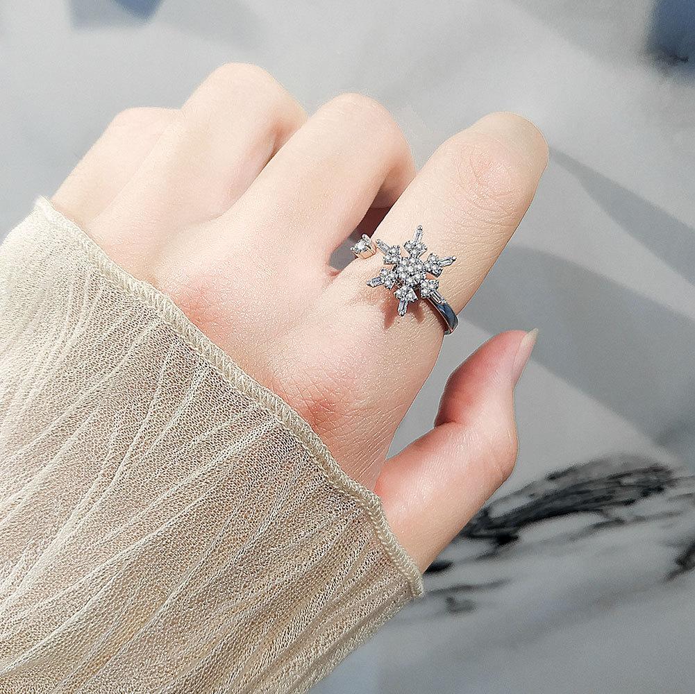 Rotating Snowflake Open Index Ring Minimalist Versatile Fashion Band Adjustable Statement Jewelry For Women Daily Wear