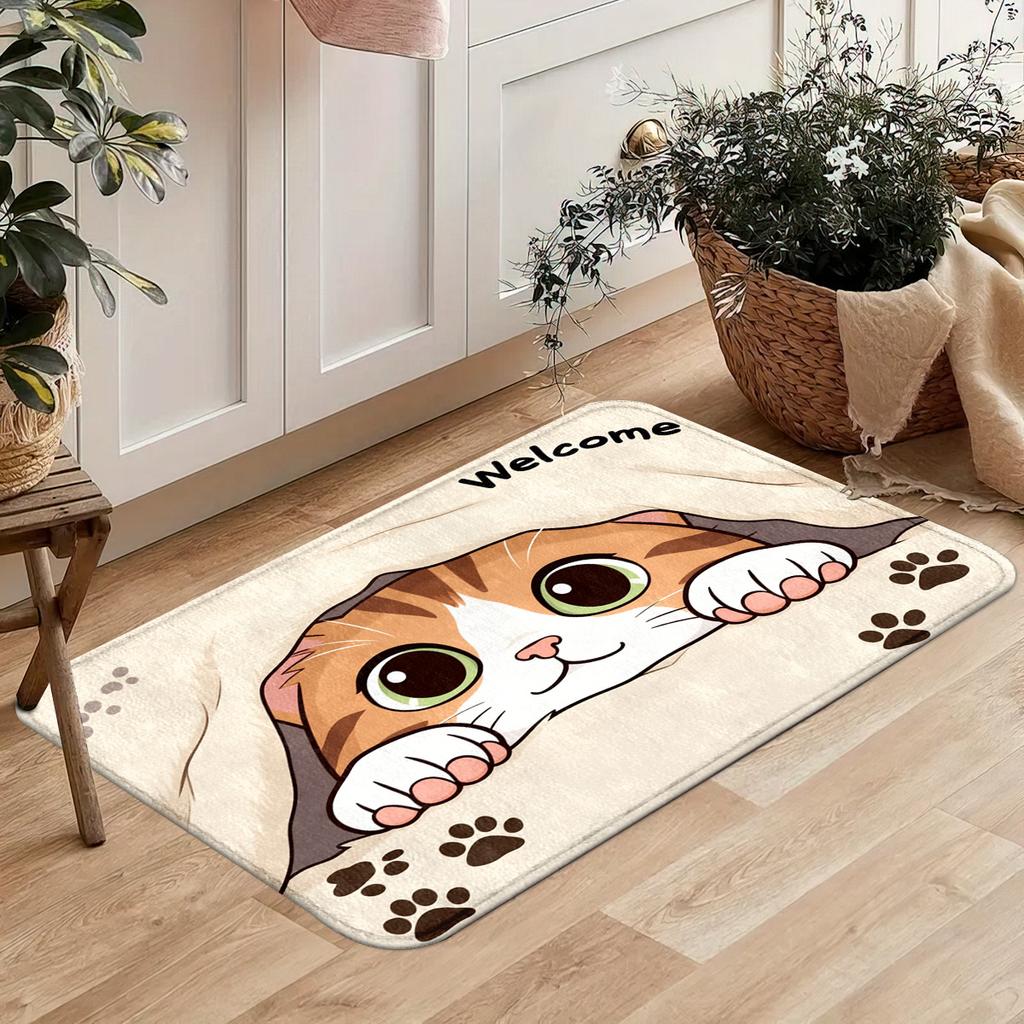Flannel Cat Welcome Floor Mat, Non-slip Absorbent Floor Mat At The Entrance, Dirt-resistant Carpet At The Entrance of The Home