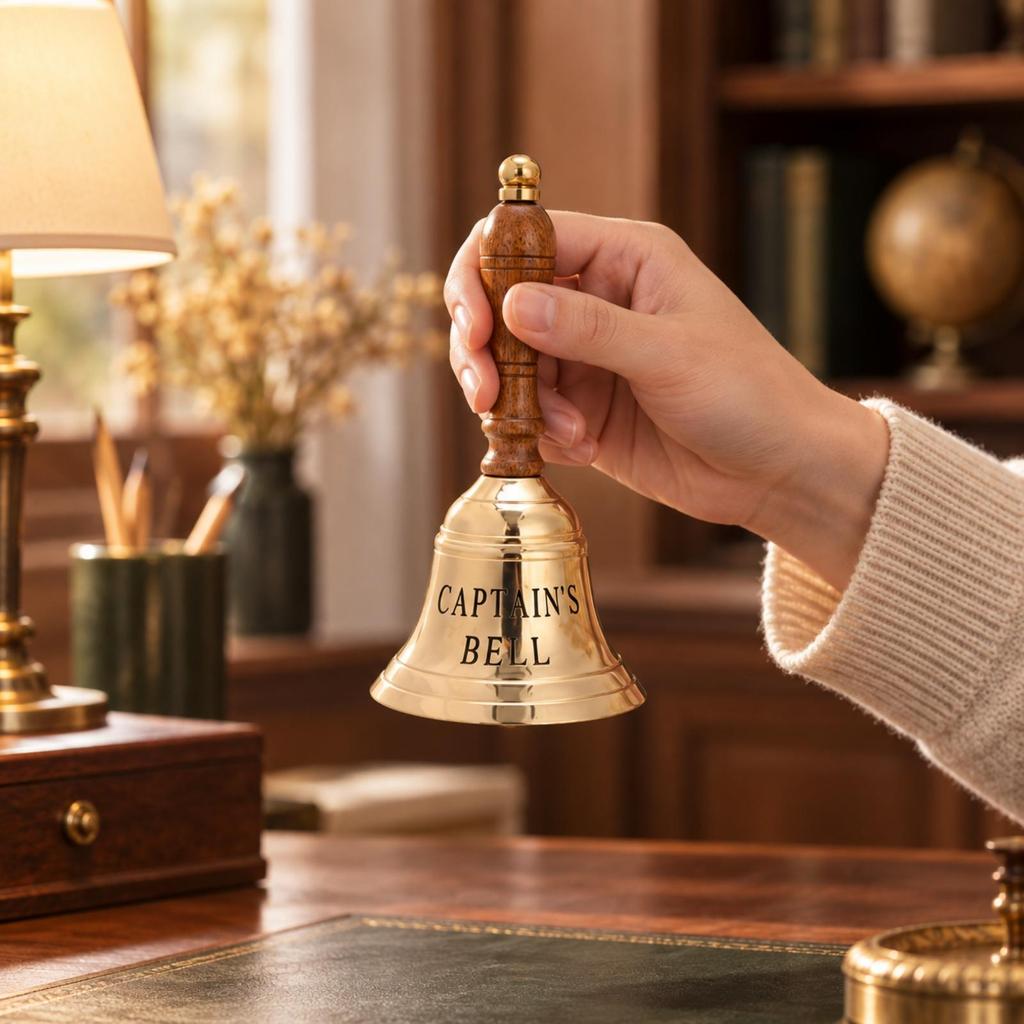 Ship's Bell Decorative Brass Hand with Wooden Handle Vintage for Themed Interior Styling,