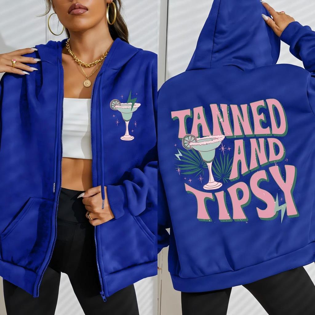 Tanned And Tipsy Pattern Printing Woman Zipper Hoodie Autumn Fleece Clothes Comfortable Hoody Oversized Sportswear