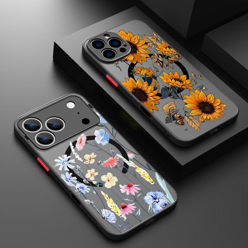 Magnetic Flowers Print Phone Case For iPhone Air 17 16 15 Pro Max 13 12 Pro 14 Plus 11 For Magsafe Wireless Charge Acrylic Cover