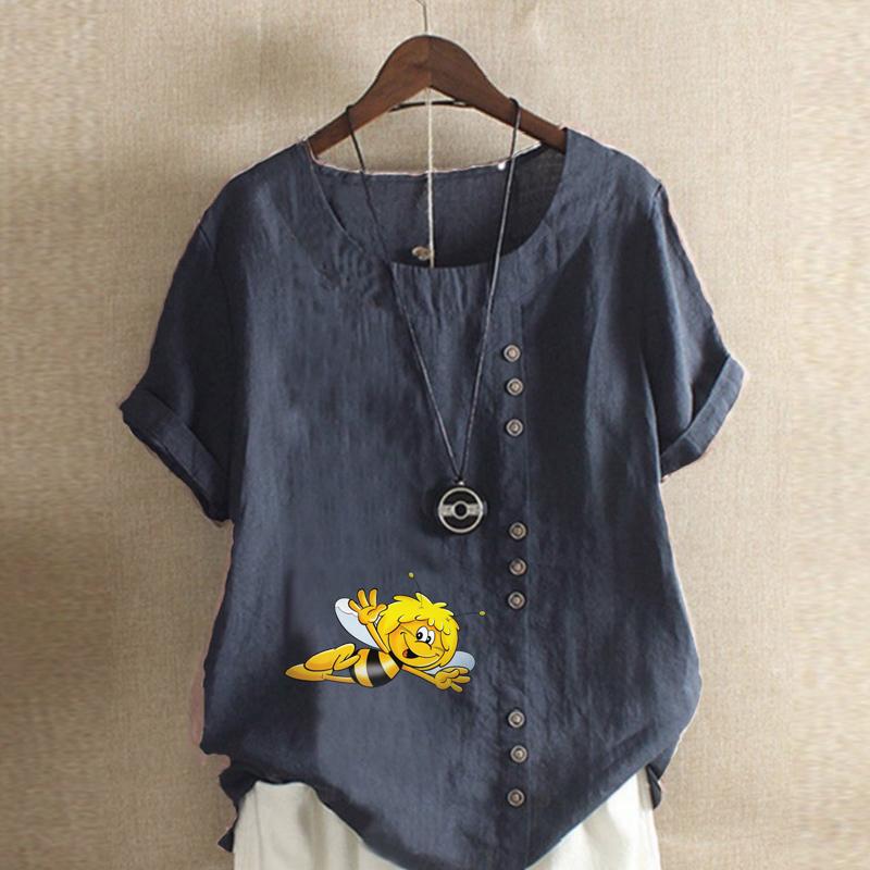 Women's New Fashion Linen Shirt Round Neck Short Sleeve Honeybee Printed T-shirt Summer Ladies Casual Plus Size Blouse Tops